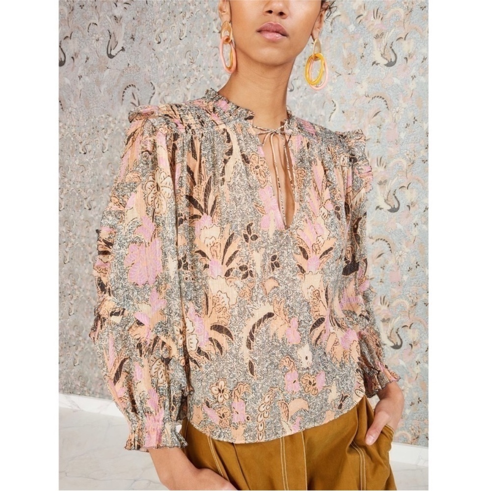 Ulla Johnson Lara Blouse Silk-Blend Ruffle Floral Birds of Paradise Ivory Size 2